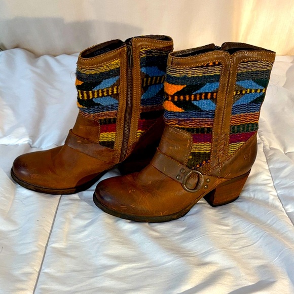 Born Shoes - Born Brown Heeled Leather Multicolor Fabric Aztec Boots